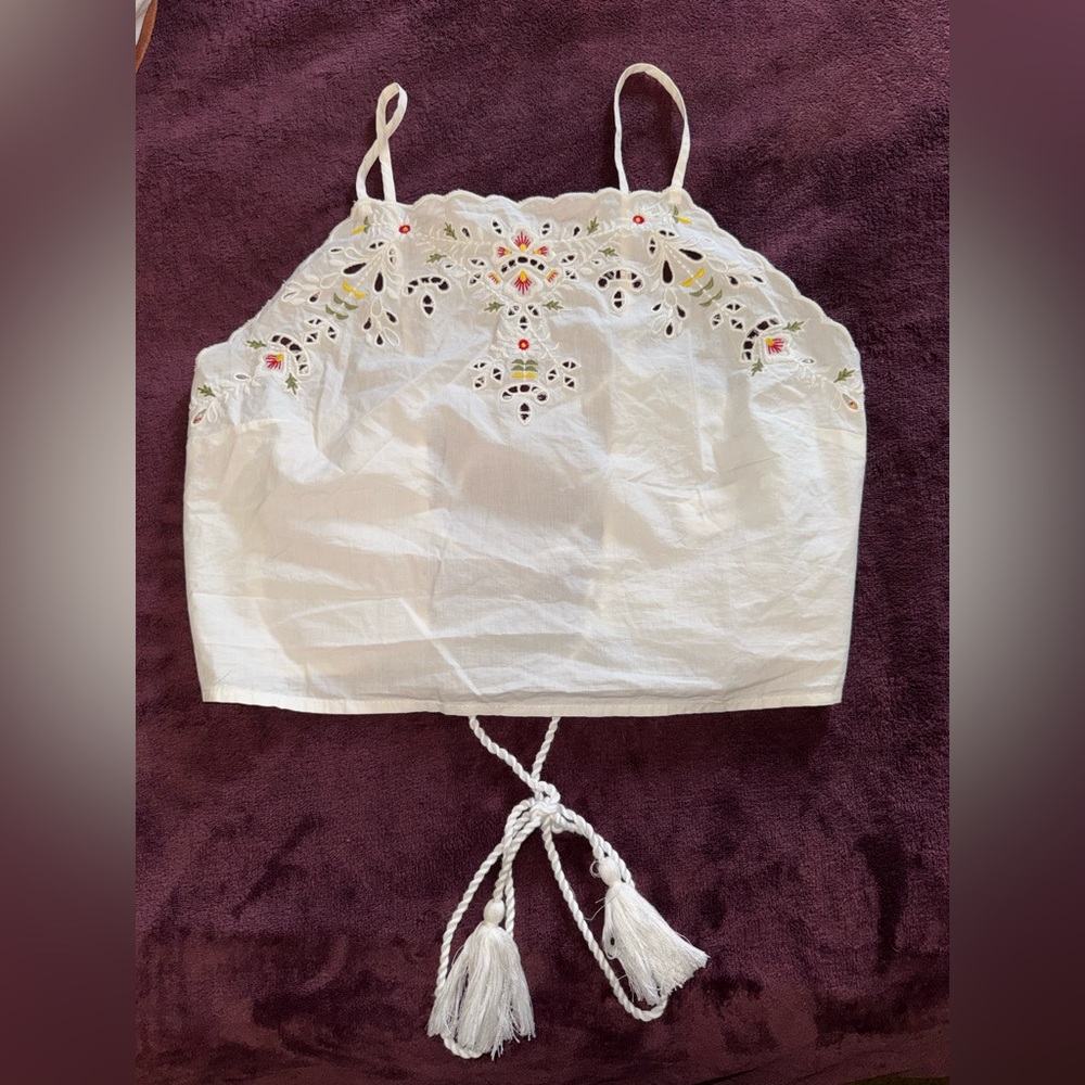 Zara White Embroidered Crop Top with Tassels